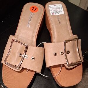 Women's Tan Slide Sandals with Buckle